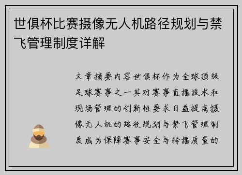 世俱杯比赛摄像无人机路径规划与禁飞管理制度详解